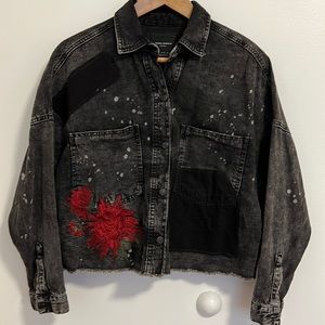 Zara Women’s Denim Shirt/Jacket - S - Grey/Black with Floral Embroidery